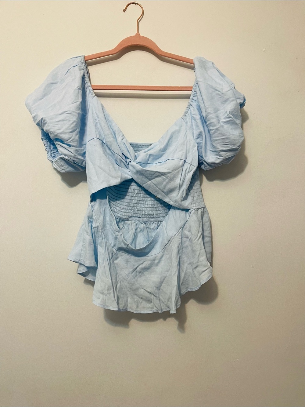 Francesca's Collections Light Blue Puff Sleeve Tie-Front Blouse
